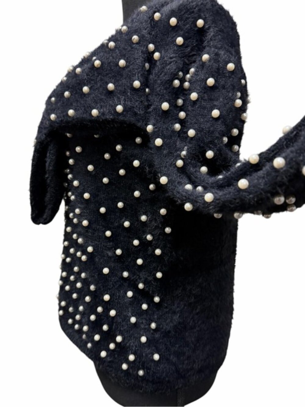 BIBI Black Pearl Embellished Fuzzy Sweater L V Neck Bow Holiday Glam - Picture 7 of 11